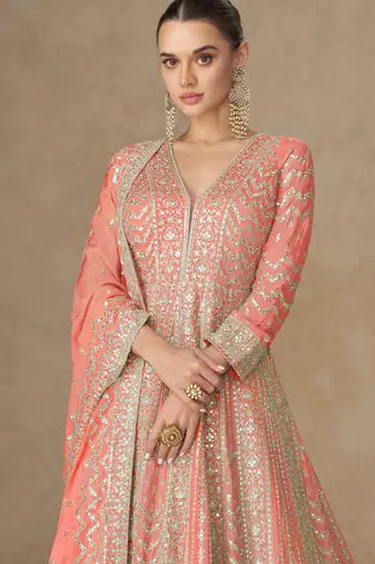 Peach zari emboidery and sequince work chinnon silk anarkali - free size stitching (size upto 42")