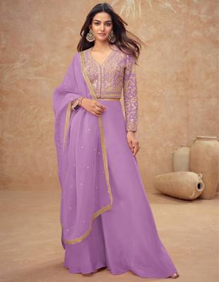 Lavender embroidery, and handwork, mirror  work simar silk blouse palazzo   - free size stitching (size upto 42") 1
