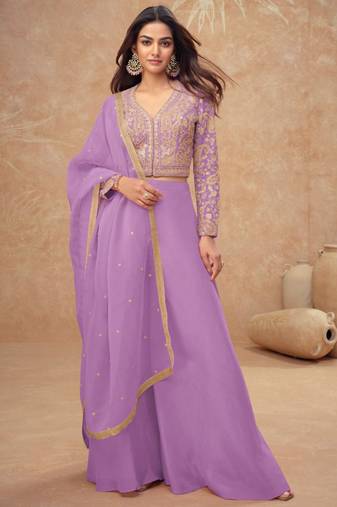 Lavender embroidery, and handwork, mirror  work simar silk blouse palazzo   - free size stitching (size upto 42")