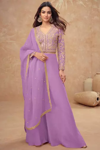 Lavender embroidery, and handwork, mirror  work simar silk blouse palazzo   - free size stitching (size upto 42")