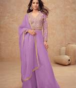 Lavender embroidery, and handwork, mirror  work simar silk blouse palazzo   - free size stitching (size upto 42")