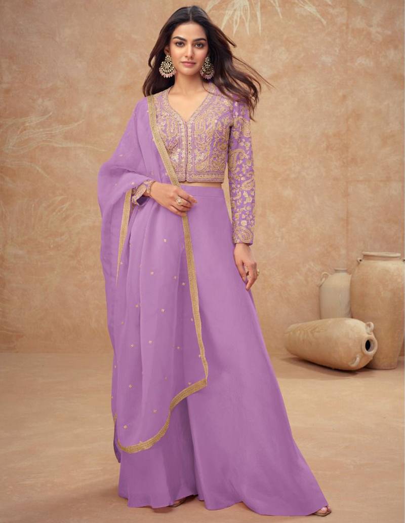 Lavender embroidery, and handwork, mirror  work simar silk blouse palazzo   - free size stitching (size upto 42")