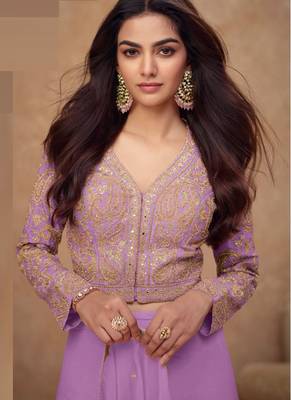 Lavender embroidery, and handwork, mirror  work simar silk blouse palazzo   - free size stitching (size upto 42") 2