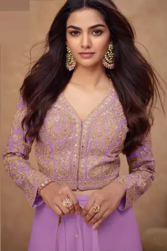 Lavender embroidery, and handwork, mirror  work simar silk blouse palazzo   - free size stitching (size upto 42")