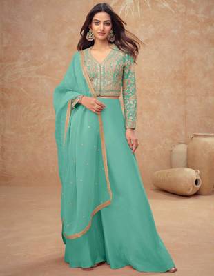 Turquoise embroidery, and handwork, mirror  work simar silk blouse palazzo   - free size stitching (size upto 42") 1