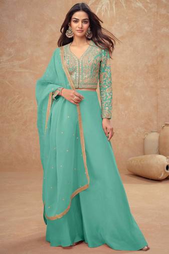 Turquoise embroidery, and handwork, mirror  work simar silk blouse palazzo   - free size stitching (size upto 42")