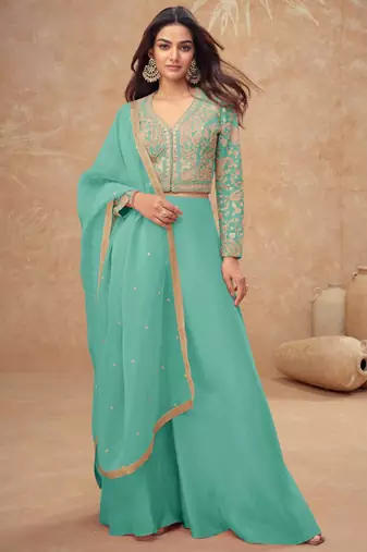 Turquoise embroidery, and handwork, mirror  work simar silk blouse palazzo   - free size stitching (size upto 42")