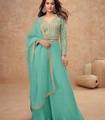 Turquoise embroidery, and handwork, mirror  work simar silk blouse palazzo   - free size stitching (size upto 42")