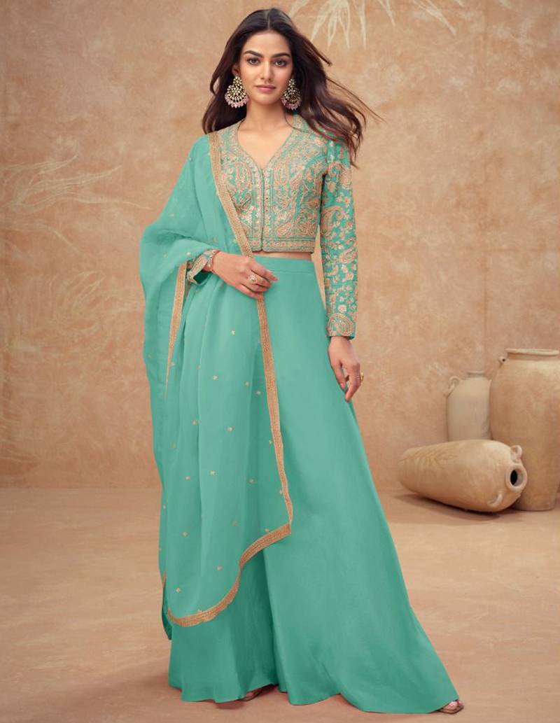 Turquoise embroidery, and handwork, mirror  work simar silk blouse palazzo   - free size stitching (size upto 42")