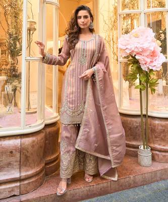 Mauve zari embroidery, sequins & embellished work viscose short top gharara, free size upto 42" 1