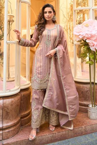 Mauve zari embroidery, sequins & embellished work viscose short top gharara, free size upto 42"