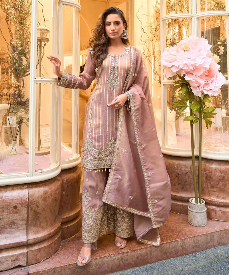 Mauve zari embroidery, sequins & embellished work viscose short top gharara, free size upto 42"