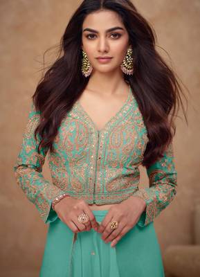 Turquoise embroidery, and handwork, mirror  work simar silk blouse palazzo   - free size stitching (size upto 42") 2
