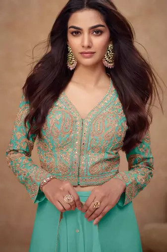 Turquoise embroidery, and handwork, mirror  work simar silk blouse palazzo   - free size stitching (size upto 42")