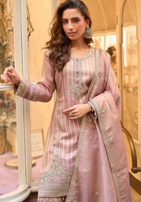 Mauve zari embroidery, sequins & embellished work viscose short top gharara, free size upto 42" 2