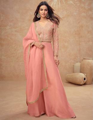 Peach embroidery, and handwork, mirror  work simar silk blouse palazzo   - free size stitching (size upto 42") 1