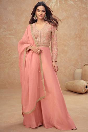 Peach embroidery, and handwork, mirror  work simar silk blouse palazzo   - free size stitching (size upto 42")