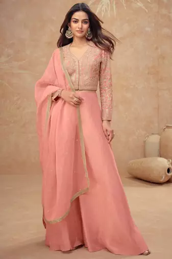Peach embroidery, and handwork, mirror  work simar silk blouse palazzo   - free size stitching (size upto 42")