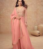 Peach embroidery, and handwork, mirror  work simar silk blouse palazzo   - free size stitching (size upto 42")