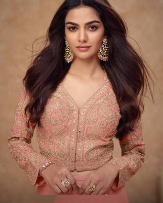 Peach embroidery, and handwork, mirror  work simar silk blouse palazzo   - free size stitching (size upto 42") 2