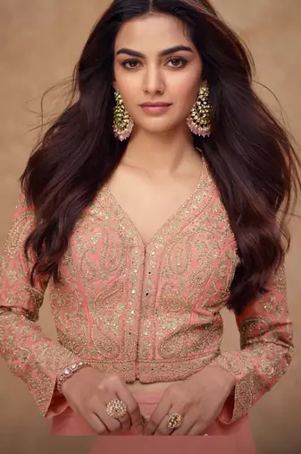 Peach embroidery, and handwork, mirror  work simar silk blouse palazzo   - free size stitching (size upto 42")