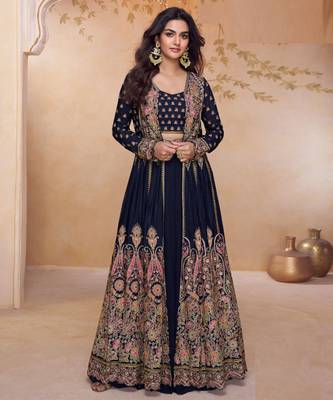 Black embroidery and handwork mirror work georgette anarkali palazzo - free size stitching (size upto 42") 1