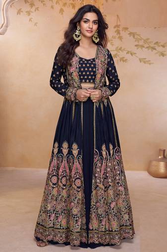 Black embroidery and handwork mirror work georgette anarkali palazzo - free size stitching (size upto 42")