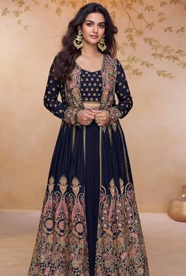 Black embroidery and handwork mirror work georgette anarkali palazzo - free size stitching (size upto 42") 2