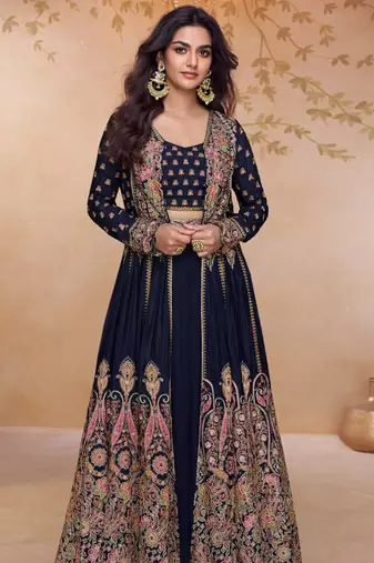 Black embroidery and handwork mirror work georgette anarkali palazzo - free size stitching (size upto 42")