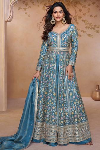 Teal blue embroidery and handwork mirror work georgette anarkali palazzo - free size stitching (size upto 42")
