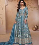 Teal blue embroidery and handwork mirror work georgette anarkali palazzo - free size stitching (size upto 42")