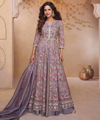 Lavendar embroidery and handwork mirror work georgette anarkali palazzo - free size stitching (size upto 42") 1