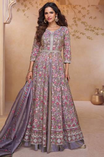 Lavendar  embroidery, and handwork, mirror work georgette anarkali  palazzo   - free size stitching (size upto 42")
