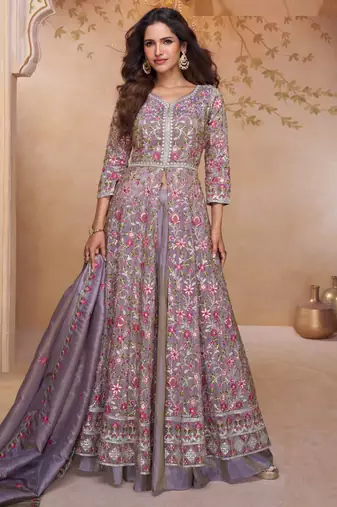 Lavendar  embroidery, and handwork, mirror work georgette anarkali  palazzo   - free size stitching (size upto 42")