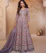 Lavendar embroidery and handwork mirror work georgette anarkali palazzo - free size stitching (size upto 42")