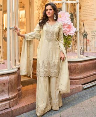 Off white zari embroidery sequins & embellished work viscose short top gharara free size upto 42" 1
