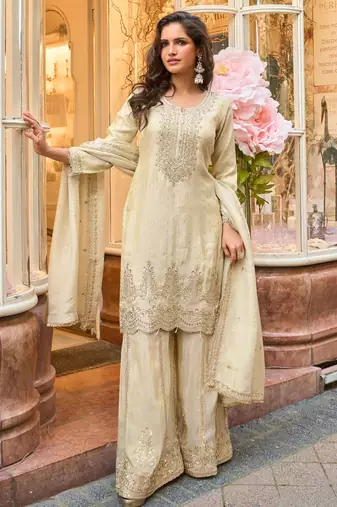 Off white zari embroidery sequins & embellished work viscose short top gharara free size upto 42"