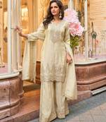 Off white zari embroidery sequins & embellished work viscose short top gharara free size upto 42"