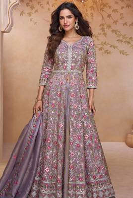 Lavendar embroidery and handwork mirror work georgette anarkali palazzo - free size stitching (size upto 42") 2