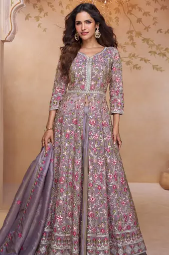 Lavendar embroidery and handwork mirror work georgette anarkali palazzo - free size stitching (size upto 42")