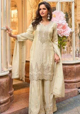 Off white zari embroidery sequins & embellished work viscose short top gharara free size upto 42" 2