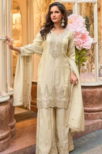 Off white zari embroidery sequins & embellished work viscose short top gharara free size upto 42"
