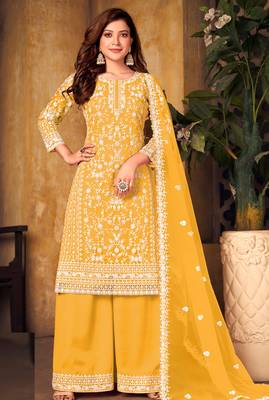 Yellow embroidered & sequins  work with net  straight palazoo - free size stitching (size upto 42") 1