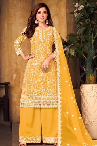 Yellow embroidered & sequins  work with net  straight palazoo - free size stitching (size upto 42")