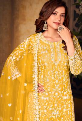 Yellow embroidered & sequins  work with net  straight palazoo - free size stitching (size upto 42") 2