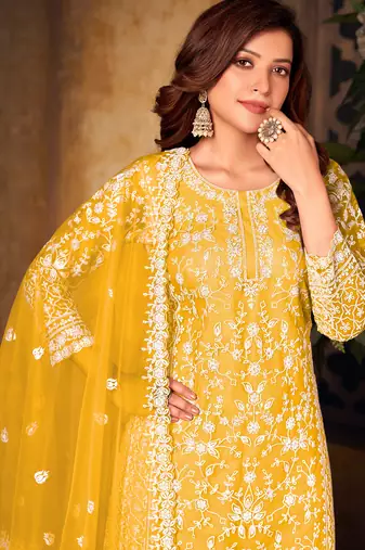 Yellow embroidered & sequins  work with net  straight palazoo - free size stitching (size upto 42")