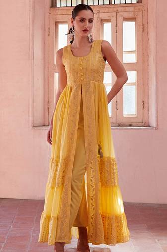 Mustard embroidery, thread & sequins work with georgette  anarkali pant - free size stitching (size upto 42")