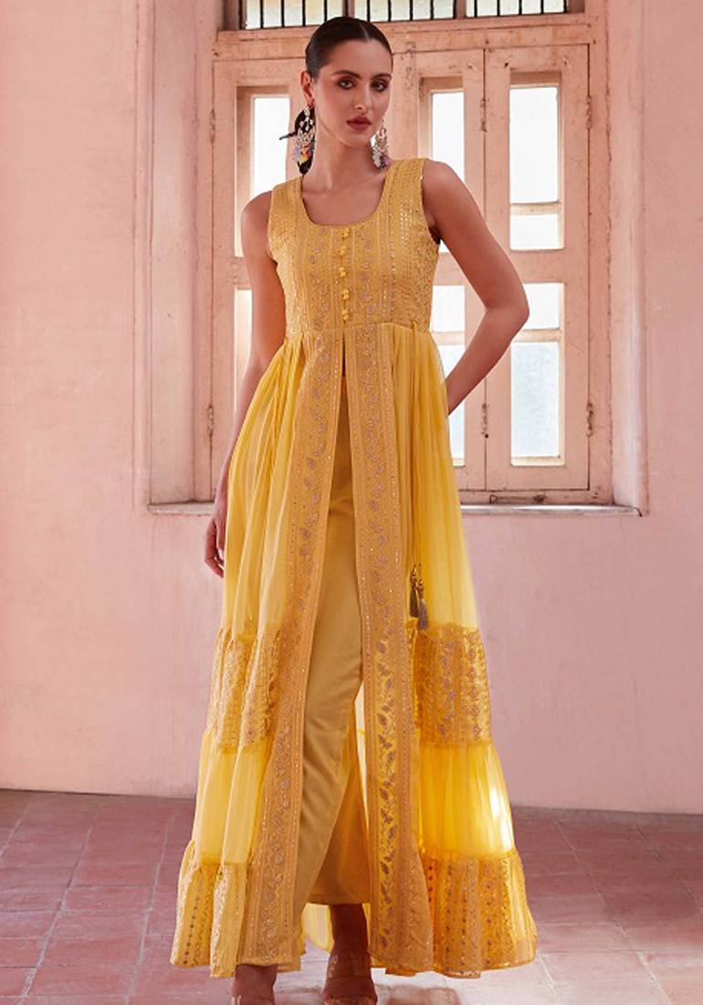 Mustard embroidery, thread & sequins work with georgette  anarkali pant - free size stitching (size upto 42")