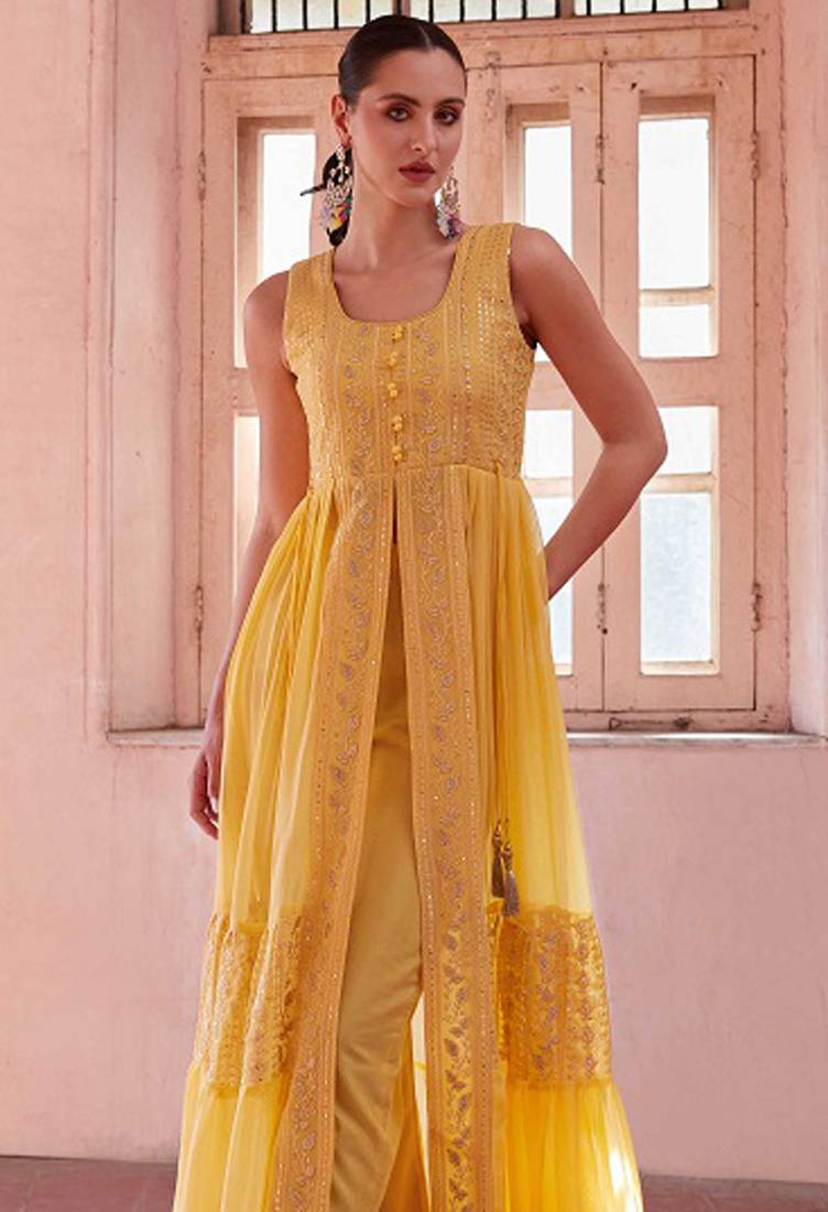 Mustard embroidery, thread & sequins work with georgette  anarkali pant - free size stitching (size upto 42")