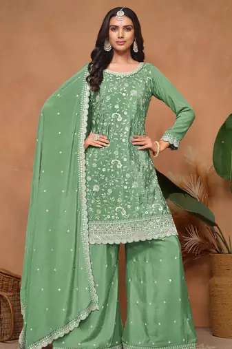 Pista green  embroidery & sequins  work with chinnon straight palazzo - free size stitching (size upto 42")